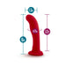 Red silicone probe with curved tip, suction cup base, and dimensions labeled for length, insertable length, and girth.