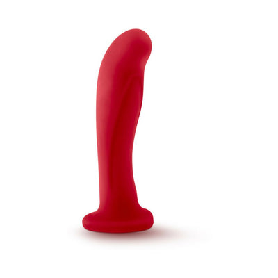 Red silicone probe with curved tip and heart-shaped suction cup base for G spot and prostate stimulation.