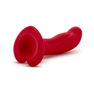 Red silicone probe with curved tip and heart-shaped suction cup base for versatile G spot and prostate stimulation.