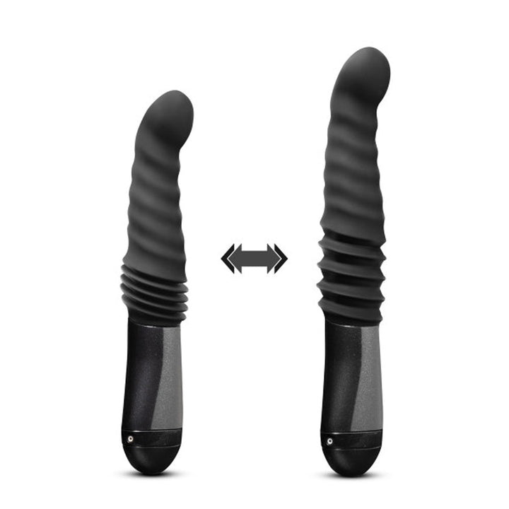 Black curved thrusting dildo with ribbed texture and ergonomic handle shown in two positions indicating movement.