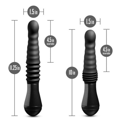 Black Temptasia Lazarus thrusting dildo with ribbed shaft and ergonomic handle, showing dimensions and insertable length.