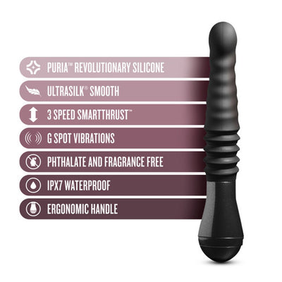 Black Temptasia Lazarus thrusting dildo with ribbed shaft and ergonomic handle, highlighting silicone, waterproof, and G-spot vibration features.