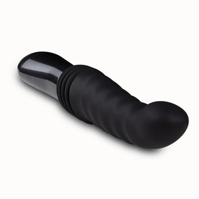 Black curved thrusting dildo with ribbed texture and ergonomic handle on white background.