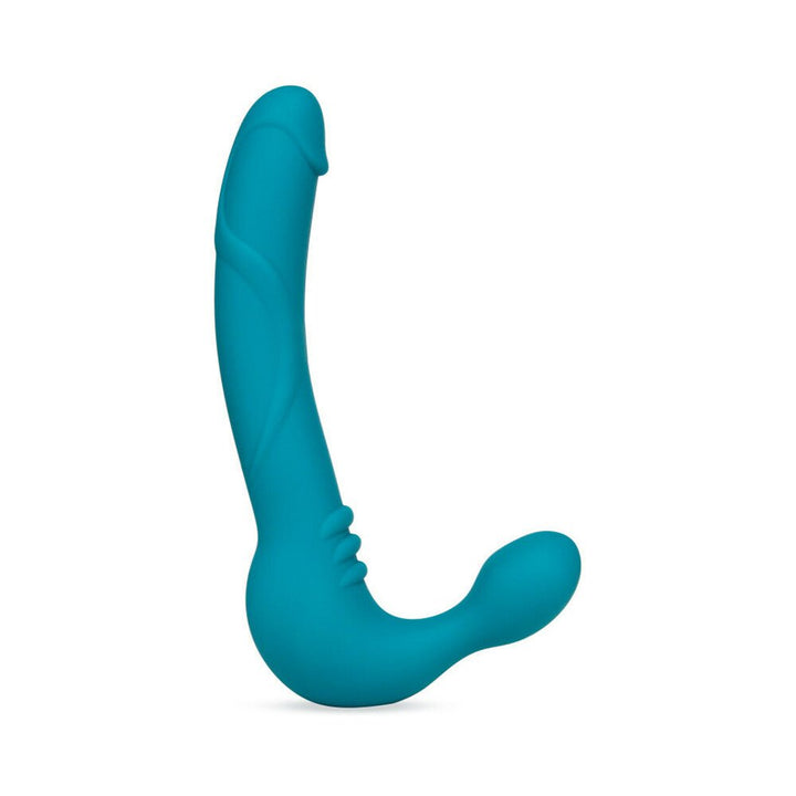Teal strapless silicone dildo with curved design and textured details for enhanced sensation.
