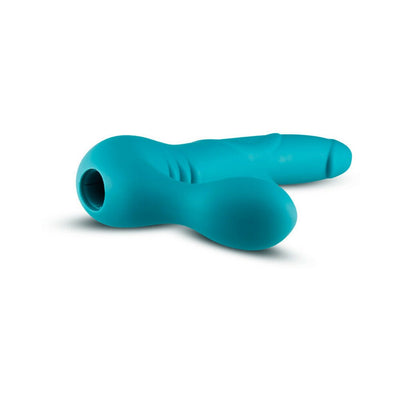 Teal strapless silicone dildo with dual-ended design and smooth, curved shape for versatile intimate use.