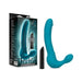 Teal Temptasia Luna strapless silicone dildo with black vibrating bullet and product packaging.