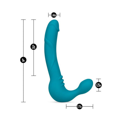 Teal strapless silicone dildo with curved design and measurements labeled for length and width.