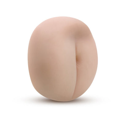 Realistic flesh-toned silicone male masturbator sleeve with detailed texture and rounded shape on white background