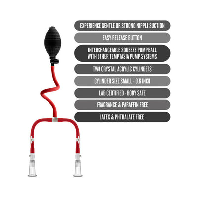 Temptasia nipple squeeze pump system with red tubing, black squeeze ball, and clear acrylic cylinders with product features text.