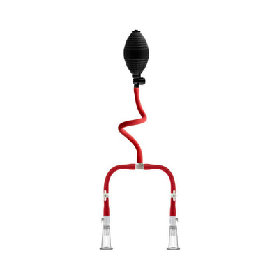 Temptasia nipple squeeze pump system with black squeeze bulb, red tubing, and clear acrylic cylinders for nipple stimulation.