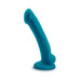 Teal silicone curved G-spot and prostate stimulator with suction cup base standing upright on white background.