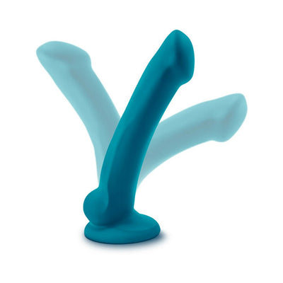 Teal silicone curved G-spot and prostate stimulator with suction cup base shown in multiple angles on white background.
