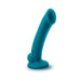 Teal silicone curved G-spot and prostate stimulator with suction cup base standing upright on white background.