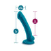 Teal silicone curved adult toy with suction base, measuring 7 inches long and 1.25 inches wide, 5 inches insertable length.