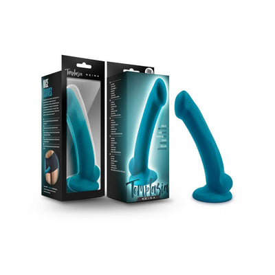 Teal curved silicone adult toy with suction base shown next to its black and teal packaging box.