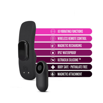 Black remote control panty vibrator with wireless remote and key features listed in gradient pink to black text bars.
