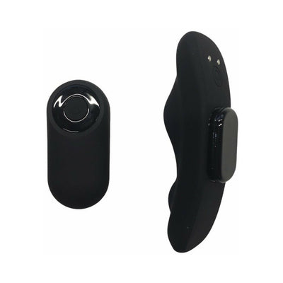 Black silicone wearable panty vibrator with magnetic remote control, sleek ergonomic design.