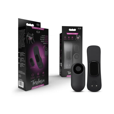 Blush Temptasia black remote control panty vibe with packaging showing product features and magnetic attachment.