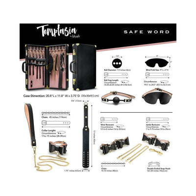 Blush Temptasia Safe Word Bondage Kit with black vegan leather case, restraints, blindfold, ball gag, collar, leash, and chains with measurements.