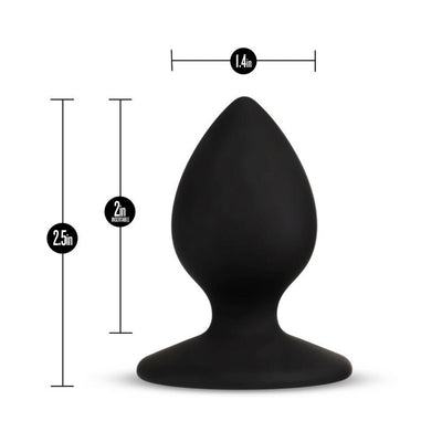 Black silicone tapered butt plug with flared base, showing dimensions of 2.5 inches length and 1.4 inches width.
