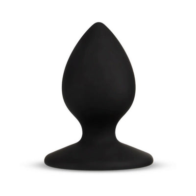 Black silicone tapered butt plug with wide base, smooth matte finish, and bold design detail on base.