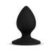 Black silicone tapered butt plug with wide base, smooth matte finish, and bold design detail on base.