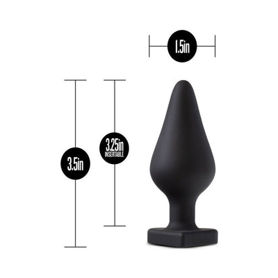 Black silicone butt plug with tapered shape and square base, shown with size dimensions 3.5 inch length and 1.5 inch width.