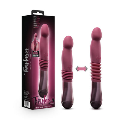 Temptasia Trixie thrusting dildo in wine color shown with packaging and illustration of its extendable thrusting feature.