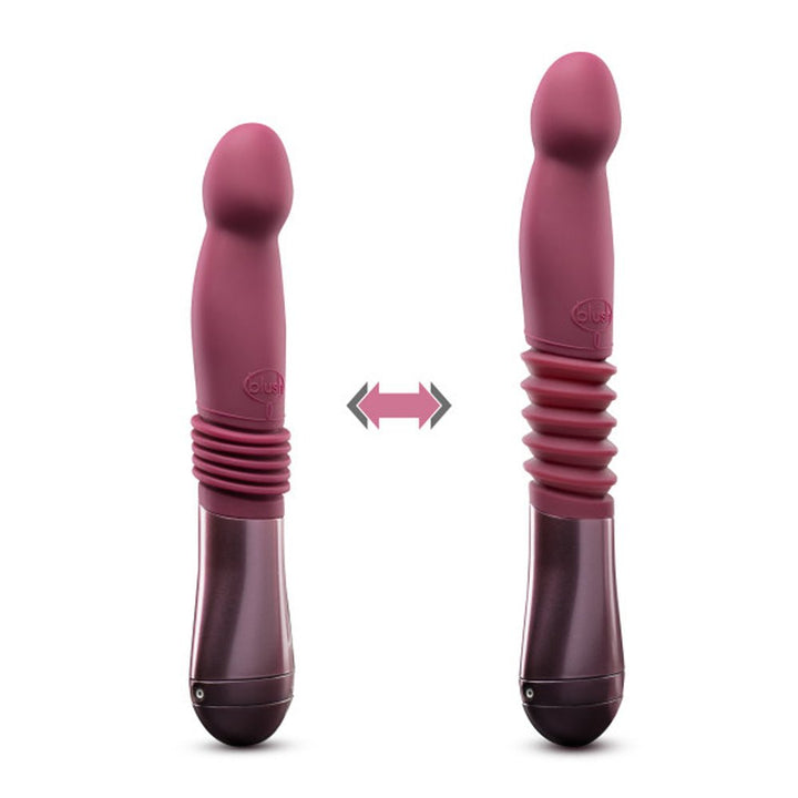 Temptasia Trixie thrusting dildo in wine color showing compact and extended positions with ribbed shaft detail.