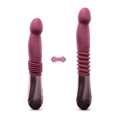 Temptasia Trixie thrusting dildo in wine color showing compact and extended positions with ribbed shaft detail.