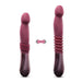 Temptasia Trixie thrusting dildo in wine color showing compact and extended positions with ribbed shaft detail.