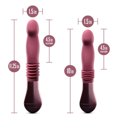 Temptasia Trixie thrusting dildo in wine color shown with detailed length and width measurements.