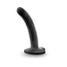 Black satin smooth silicone twist dildo with curved shaft and heart-shaped suction cup base.