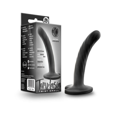 Black Temptasia Twist Small G-Spot dildo with heart-shaped suction cup base next to its packaging box.