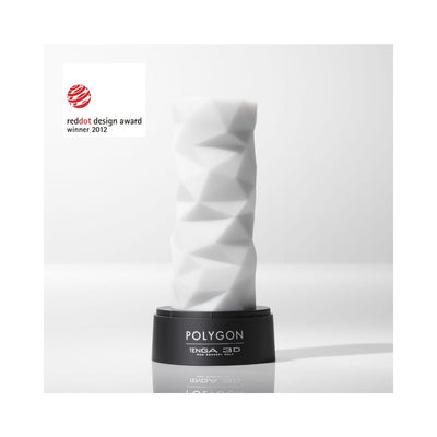 Tenga 3D Polygon reusable stroker with geometric textured design on black base, Red Dot Design Award winner 2012.