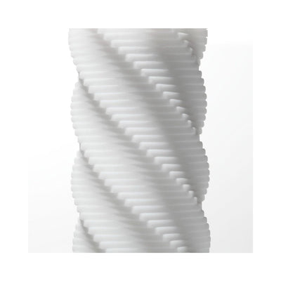 Close-up of white Tenga 3D Spiral reusable stroker with textured spiral ridges.