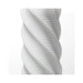 Close-up of white Tenga 3D Spiral reusable stroker with textured spiral ridges.