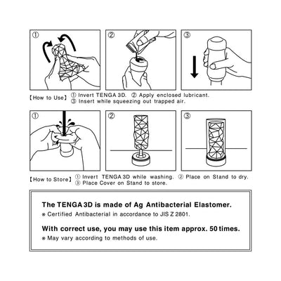 Illustrated instructions showing how to use, clean, and store the Tenga 3D Spiral reusable stroker.