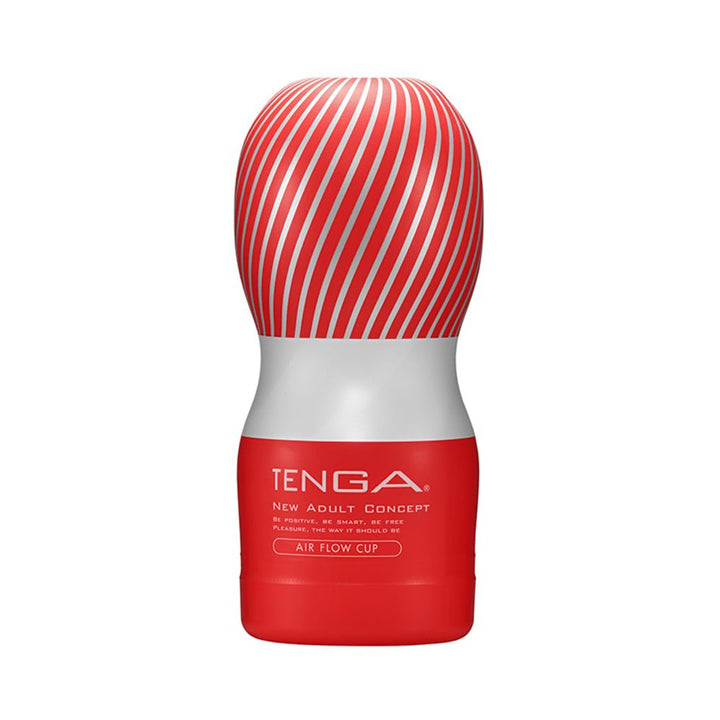 Tenga Air Flow Cup in red and white with spiral design, compact and ergonomic personal pleasure device packaging.