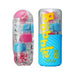 Tenga Bobble Crazy Cubes clear textured sleeve with pink and blue cubes next to its blue and yellow packaging case.