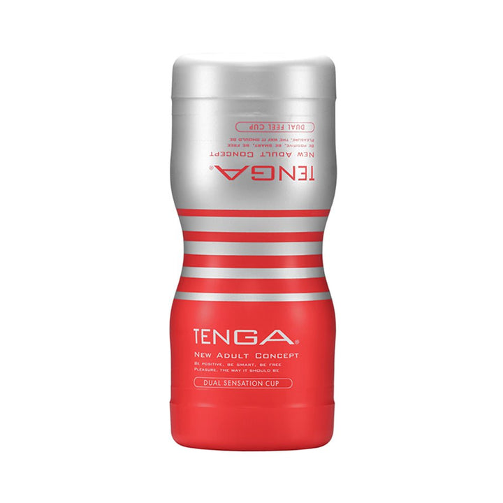Tenga Dual Feel Cup stroker in red and silver with ergonomic design and dual sensation branding on a white background.