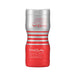 Tenga Dual Feel Cup stroker in red and silver with ergonomic design and dual sensation branding on a white background.