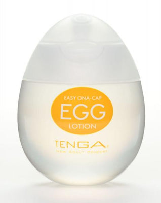 Tenga Egg Lotion 2.19oz clear water-based lubricant in compact egg-shaped bottle with flip-top cap.