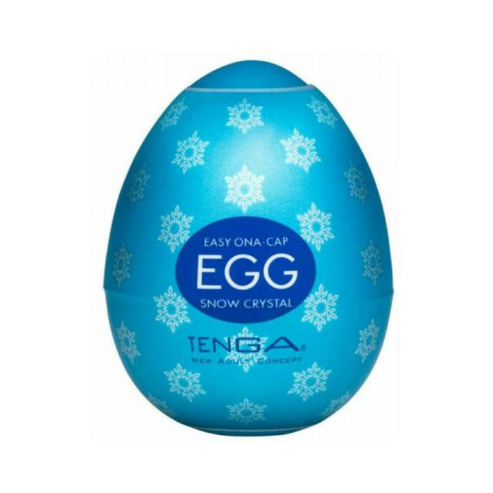 Blue egg-shaped container with white snowflake patterns labeled Tenga Egg Snow Crystal.