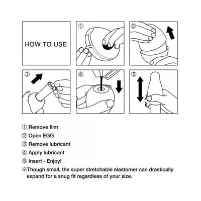 Step-by-step illustrated instructions for using the Tenga EGG Sphere, showing removal of film, opening, applying lubricant, and insertion.