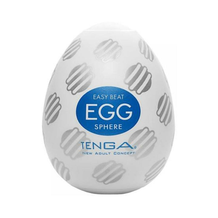 Tenga EGG Sphere in white packaging with gray patterns and blue logo, compact and discreet adult product design.