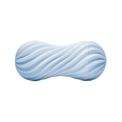 Light blue Tenga Flex Bubbly male stroker with spiral ribbed texture and ergonomic shape on white background.