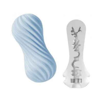 Tenga Flex Bubbly Blue Stroker with textured spiral exterior and internal ribbed design shown in cross-section.