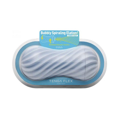 Tenga Flex Bubbly Blue Stroker with spiral ribbed design in clear blue packaging highlighting winding vacuum suction feature.