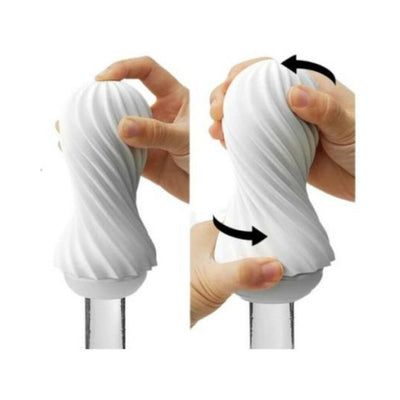 Hands demonstrating twisting motion on a white spiral-ribbed Tenga Flex Bubbly Blue Stroker sleeve.